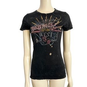 Skinny Minnie Top‎ T-shirt Womens Medium Crystals Roses black Fitted